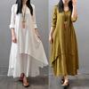 Women Fashion Autumn Casual Rayon Linen Long Sleeve Maxi Dress Kaftan