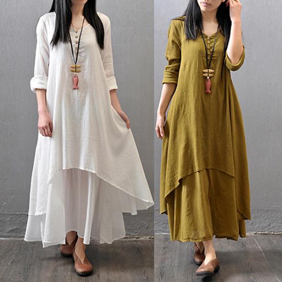 Women Fashion Autumn Casual Rayon Linen Long Sleeve Maxi Dress Kaftan