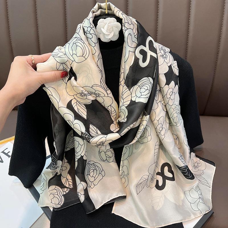 

Fashion Camellia Silk Scarf Women s Dual-Use Elegant Shawl Autumn/Winter Thermal Shawl Elegant Oversized Wrap 90*180cm