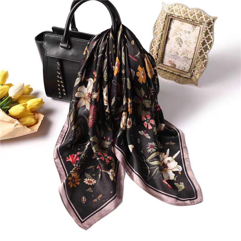 Fashion 70x70cm Silk Feeling Scarf Square Floral Printed Shawl Wrap Spring Summer Neckerchife Hair Band Lady Decor Foulard