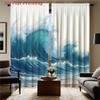 Set Of 2 Flat Printed Curtains Ocean Wave Pattern Blue White Color Beach Style Polyester Fabric Curtain Made With Rod Pocket