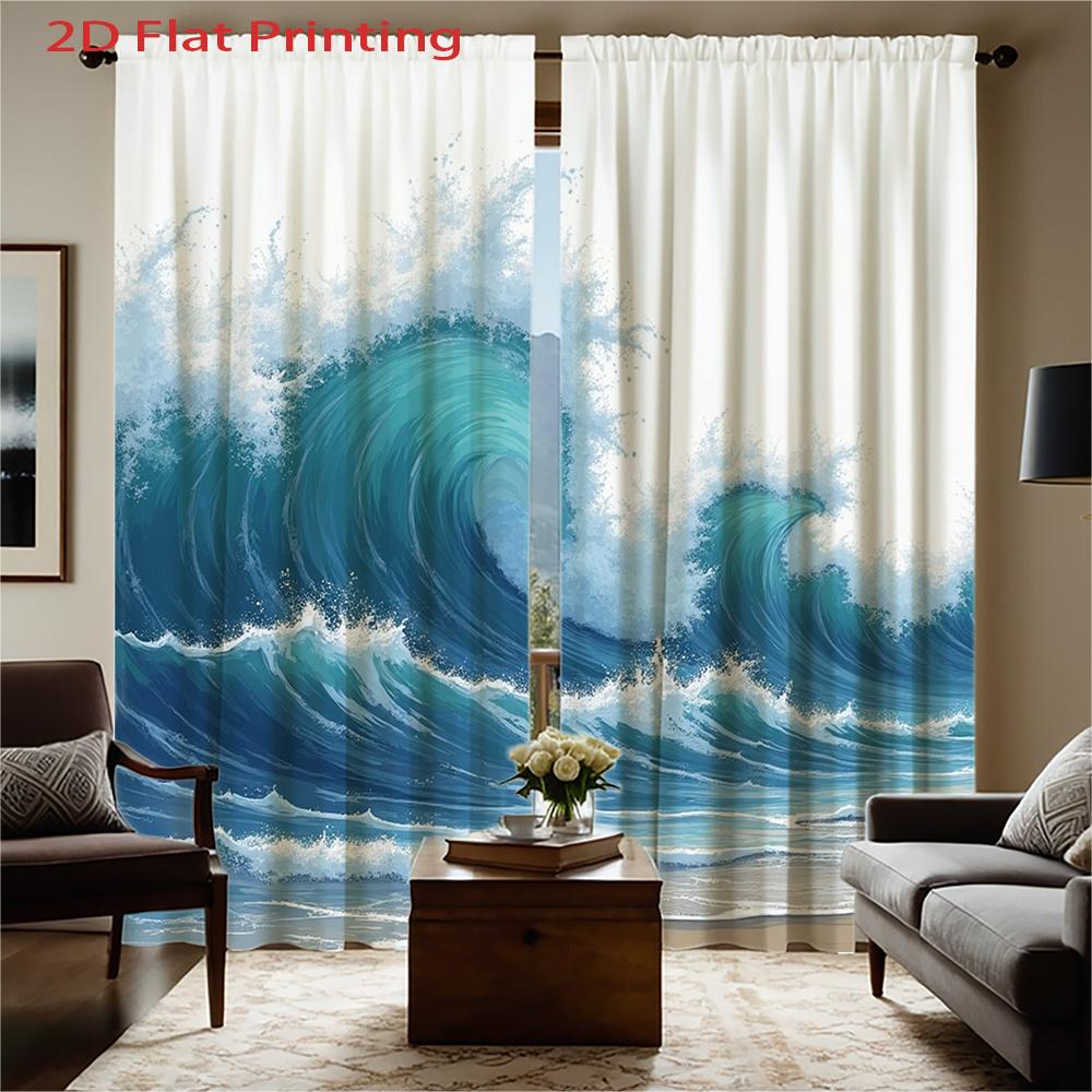 Set Of 2 Flat Printed Curtains Ocean Wave Pattern Blue White Color Beach Style Polyester Fabric Curtain Made With Rod Pocket