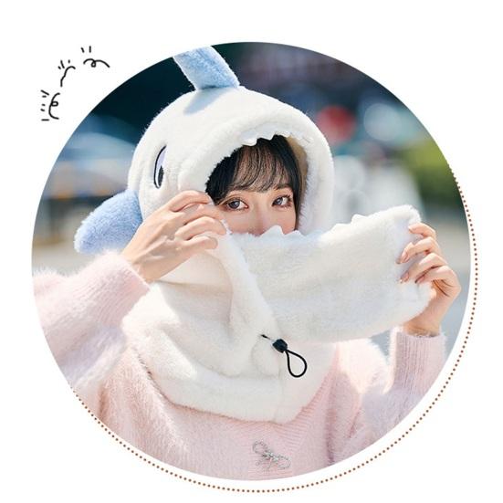 Women Winter Hat Full Protection Cartoon Shark Shape Thickened Plush Drawstring Adjustment Windproof Warm Outdoor Skiing Cap