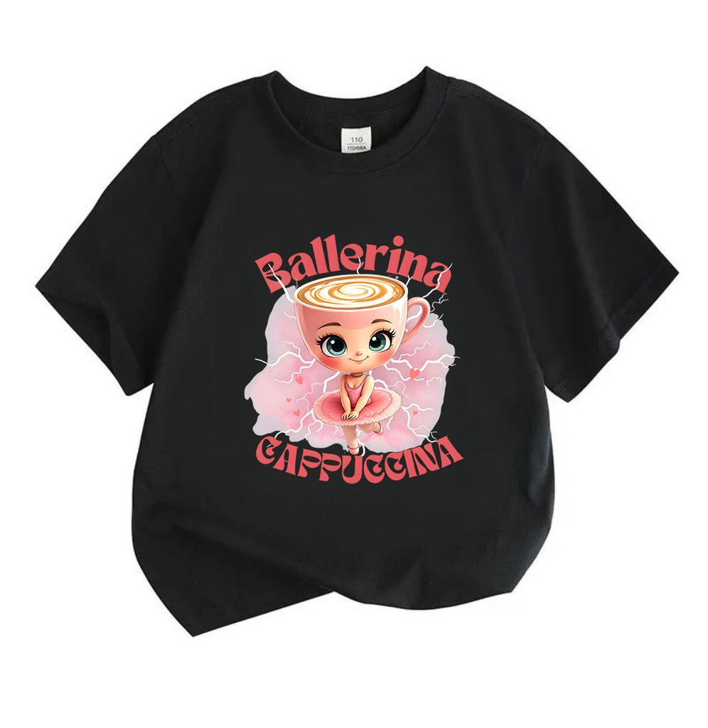 T-shirt stampata carina con ballerina e cappuccina per bambini, ragazzi e ragazze, 100% cotone, girocollo, manica corta, casual, leggera, per uso quotidiano, top attivi estivi