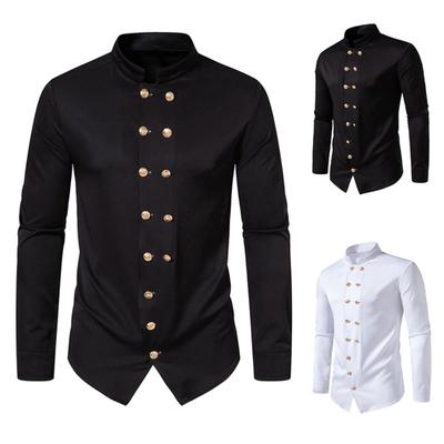 Koszula męska Retro dwurzędowa w stylu królewskim stójka z długim rękawem Jednolity kolor Slim Fit formalna miękka oddychająca średniej długości top męski