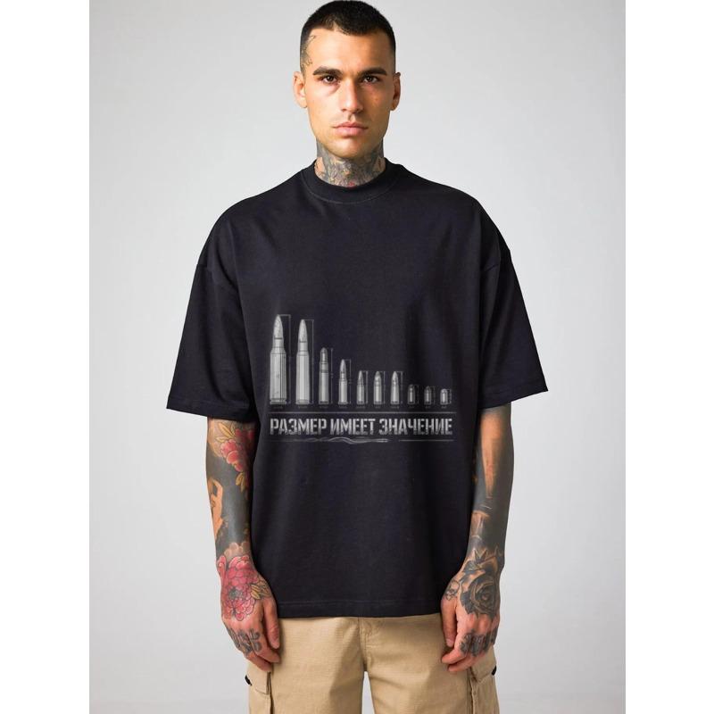 Men's Oversized T-Shirt Black Bullet Caliber Chart Print With Russian Text Size Matters Statement Graphic Streetwear Casual Wear