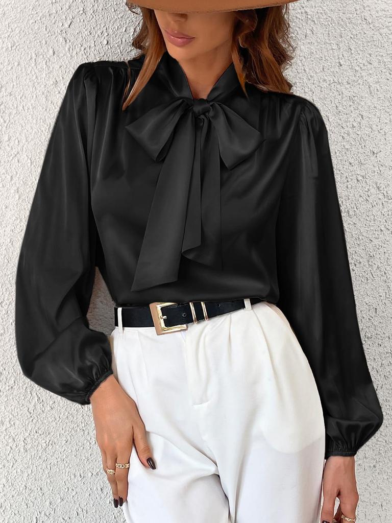 Women's Long Sleeve Satin High Neck Bow Top