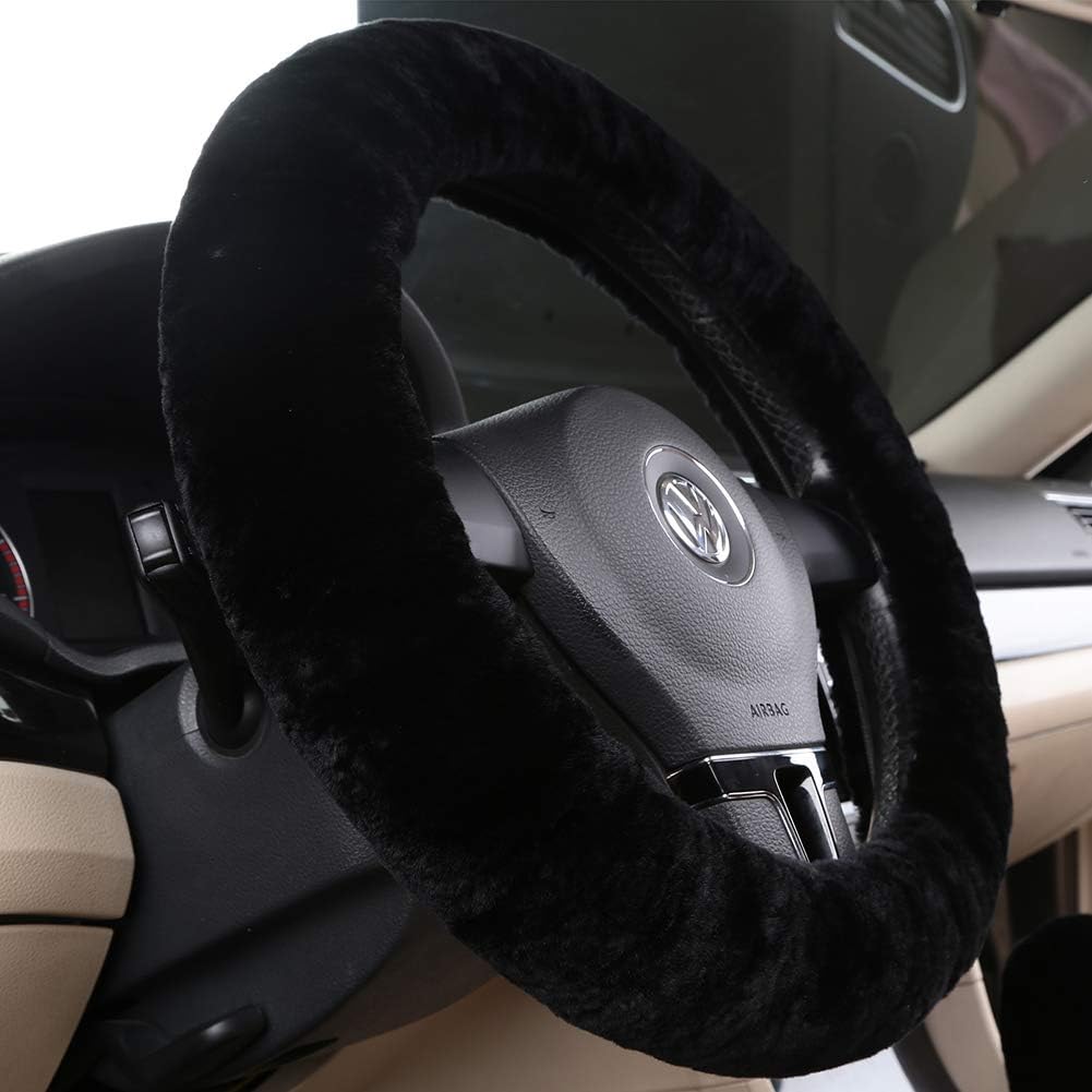 Fluffy Wool Sheepskin Fuzzy Black Car Steering Wheel Cover For Universal Auto Steering Wheel 14 1/2-15 1/2Inch, Anti-Slip, Soft Plush, Comforting And