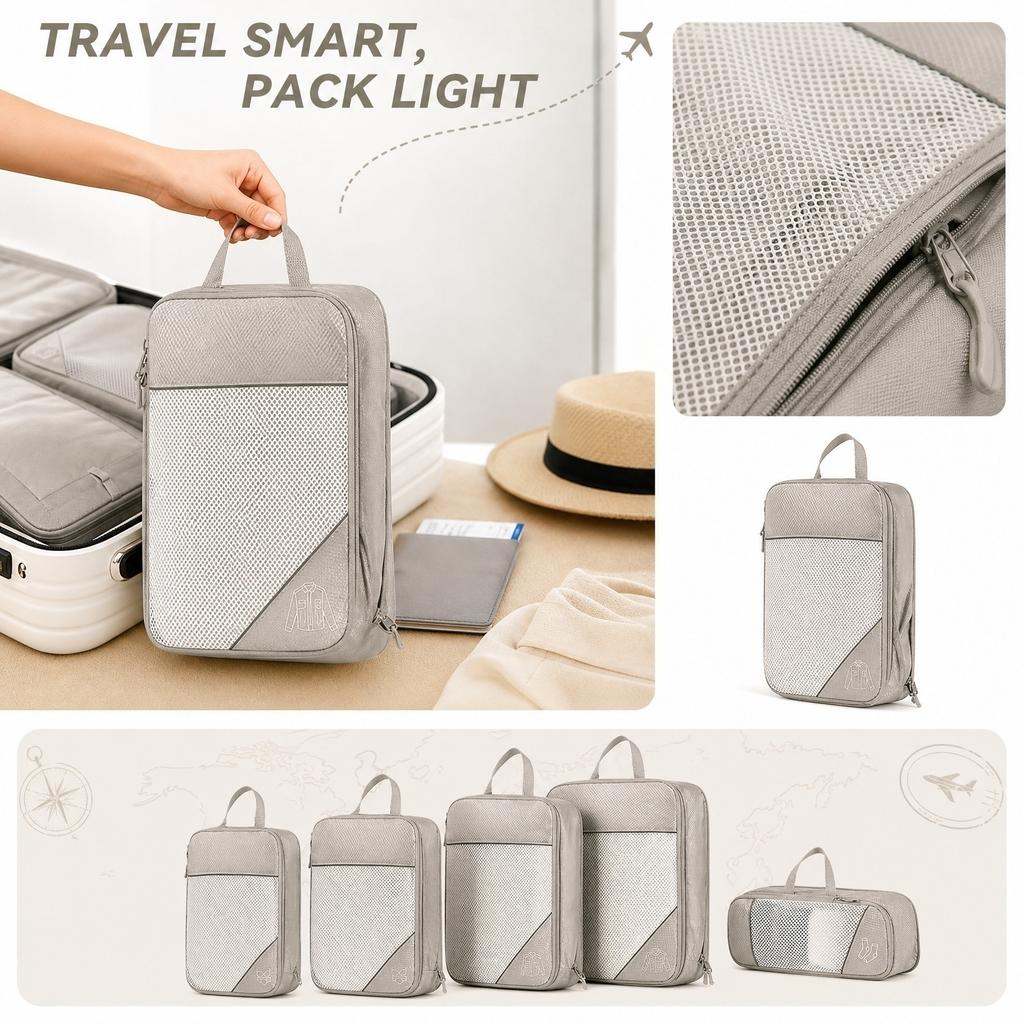 Travel Packing Cubes Set 5 Pieces Lightweight Durable Storage Organizers with Mesh Tops and Handles for Efficient Luggage Organization