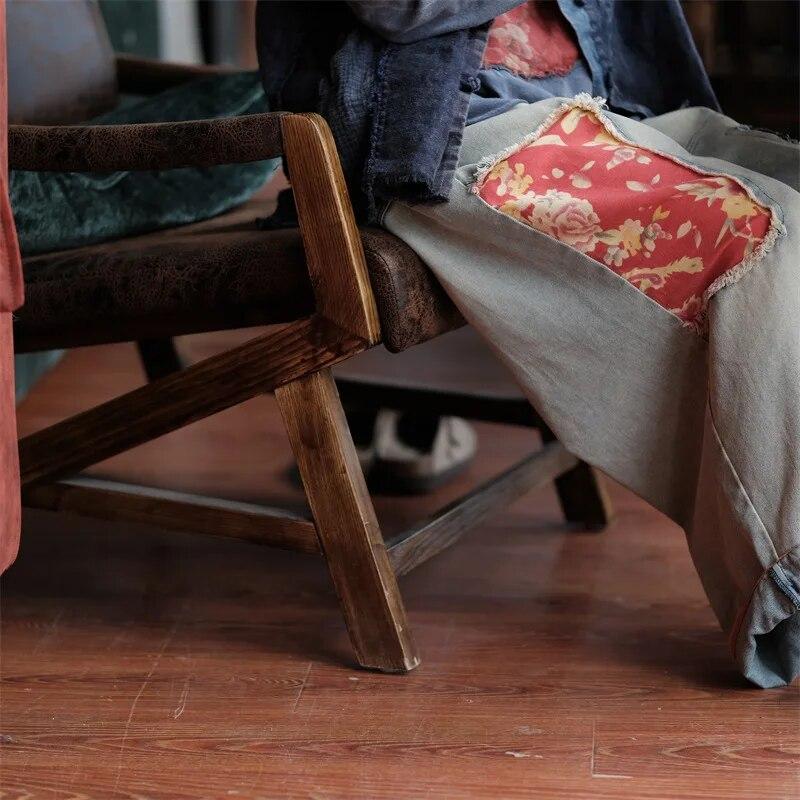 Johnature Pantaloni casual da donna larghi in denim con stampa floreale vintage patchwork da donna