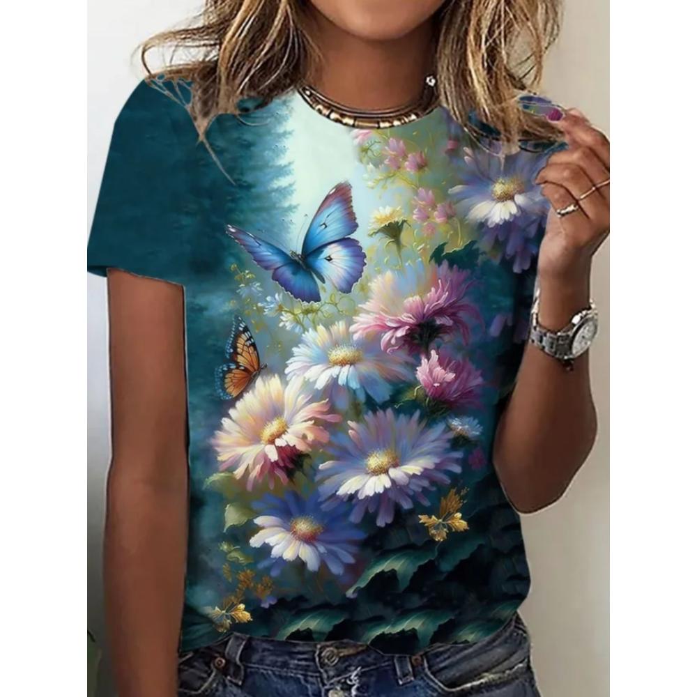 Summer Women T-shirt Creative Flower 3D Printed Short Sleeved T-shirt Fashionable Comfortable Soft Breathable Large Loose T-shirt