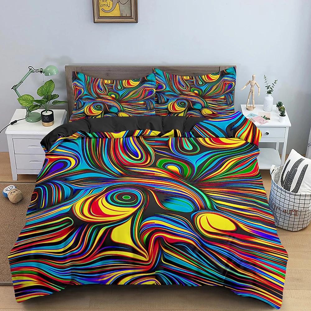 Geometrický 3D tištěný ložní set Měkký 3D abstraktní povlak na přikrývku King Queen Double Psychedelic 2/3ks polyesterové povlaky na přikrývku