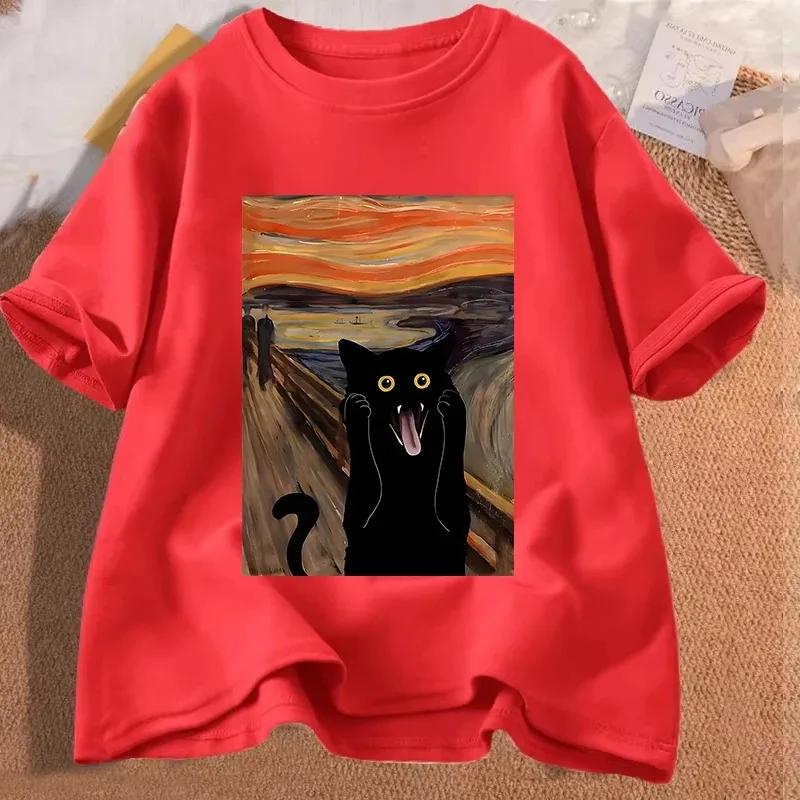 2026 Summer Edvard Munch The Scream Black Cat Emoticon Pack HighQuality Comfortable Casual Unisexs Roundneck Printed TShirt