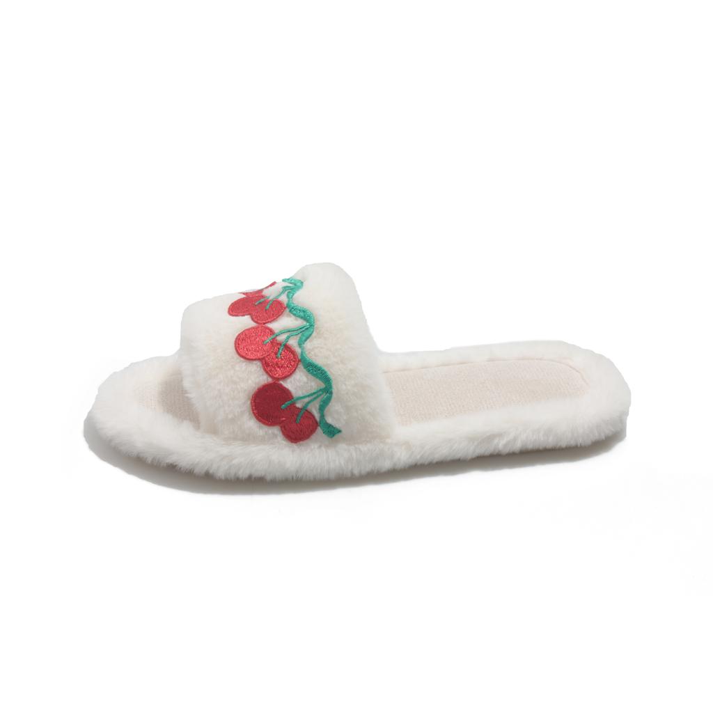 Fashion 2025 New Strawberry Cherry Embroidery Summer Fluffy Slippers Indoor Slippers Female Women Slippers Casual and Comfortable Shoes