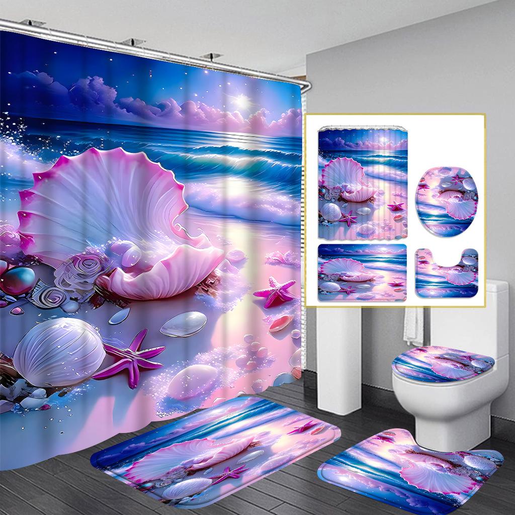 1/4pcs Luxury Beach Shell Waterproof Shower Curtain Set Decorative Bathroom Set Non-Slip Carpet Toilet Cover Bath Mat And 12 Hooks