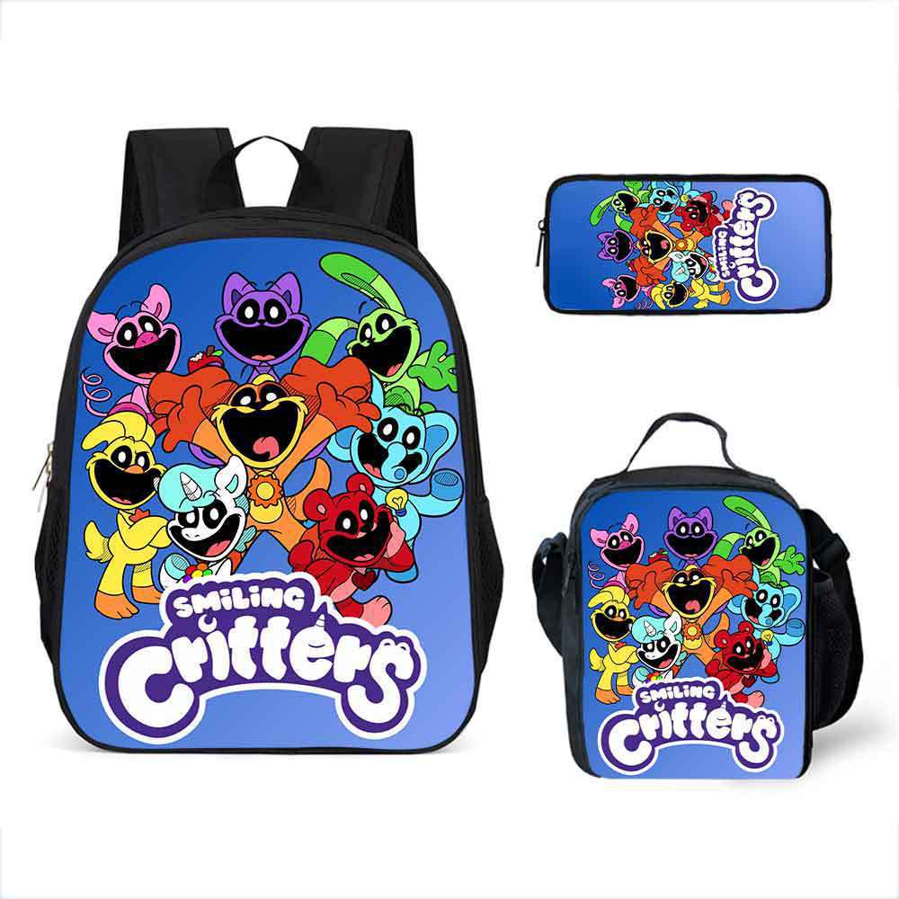 Smiling Critters Cartoon Backpack Shoulder Bag Pencil Case 3-Piece Set, Kids School Bookbag