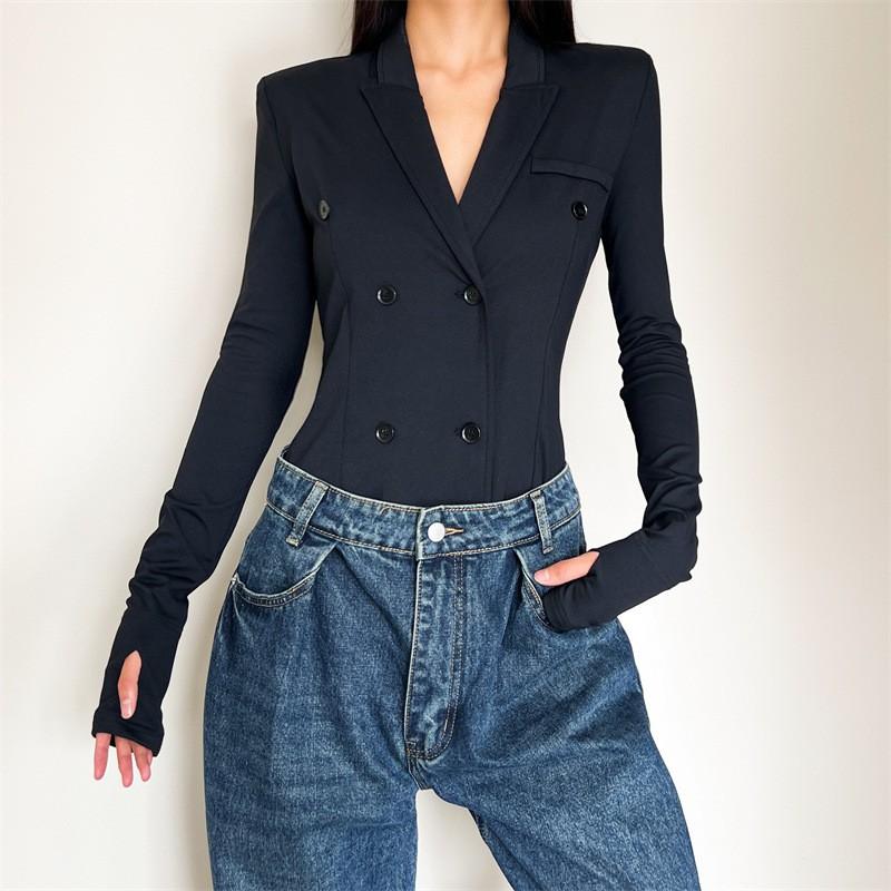 Sexy Blazer Collar Double-breasted Jumpsuit Slim Fit Black Outerwear Women