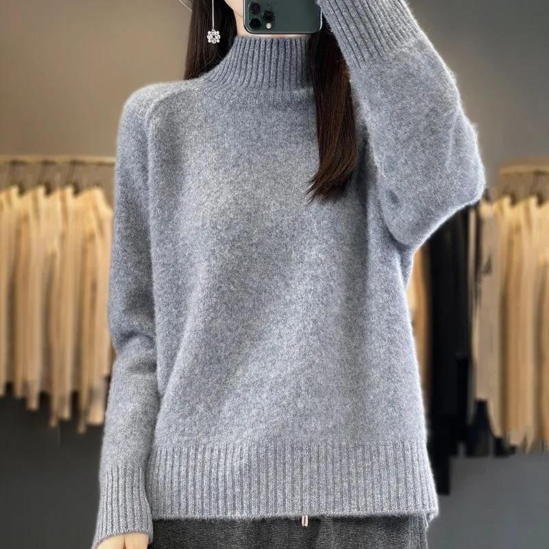 Autumn and Winter  Women's High-Necked Cashmere Sweater Soft Thickened Lazy Raglan Sweater with Slit  Pullover Loose Top
