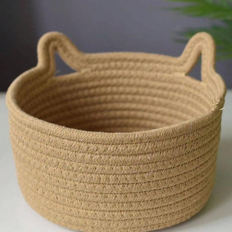 1pc Small Handwoven Cat Ear Design Rope Storage Basket, Desktop Storage Basket for Living Room, Bedroom, Desk, Bedside