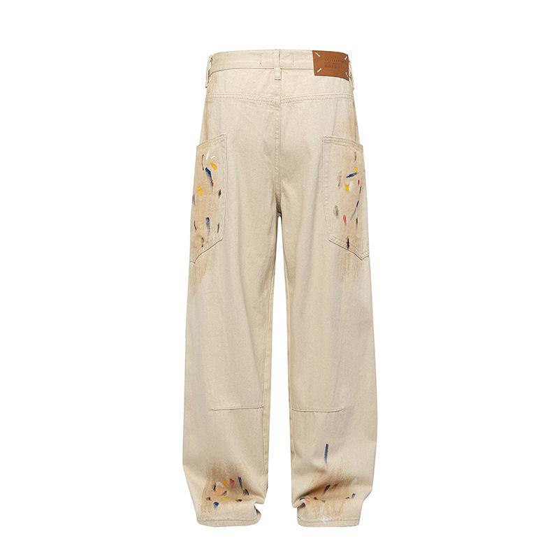 Polka dot brushstrokes inkjet washed denim trousers scimitar profile three-dimensional patch bag loose men and women the same style