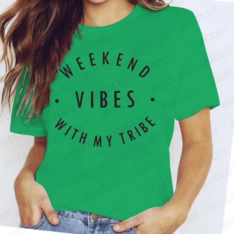 Women Tshirt Weekend Vibes with My Tribe Clothes Girls Trip Matching Family Vacay Mode Tshirt Bachelorette Graphic Tshirts S
