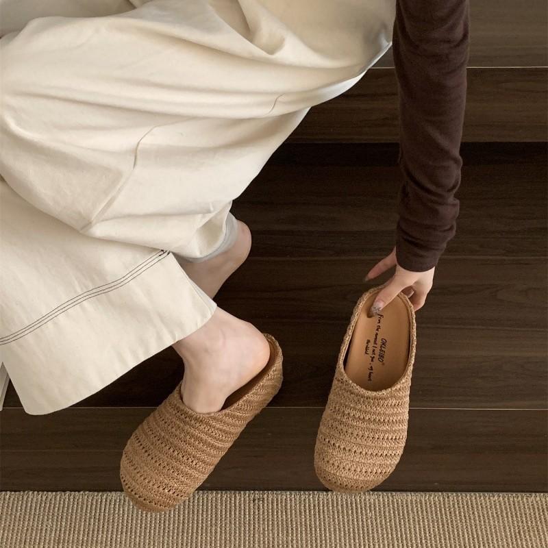 Niche Casual Hand-woven Hollow Breathable Bag Head Half Slippers Women's Autumn Wear Roman Style Thick-soled Muller Shoes