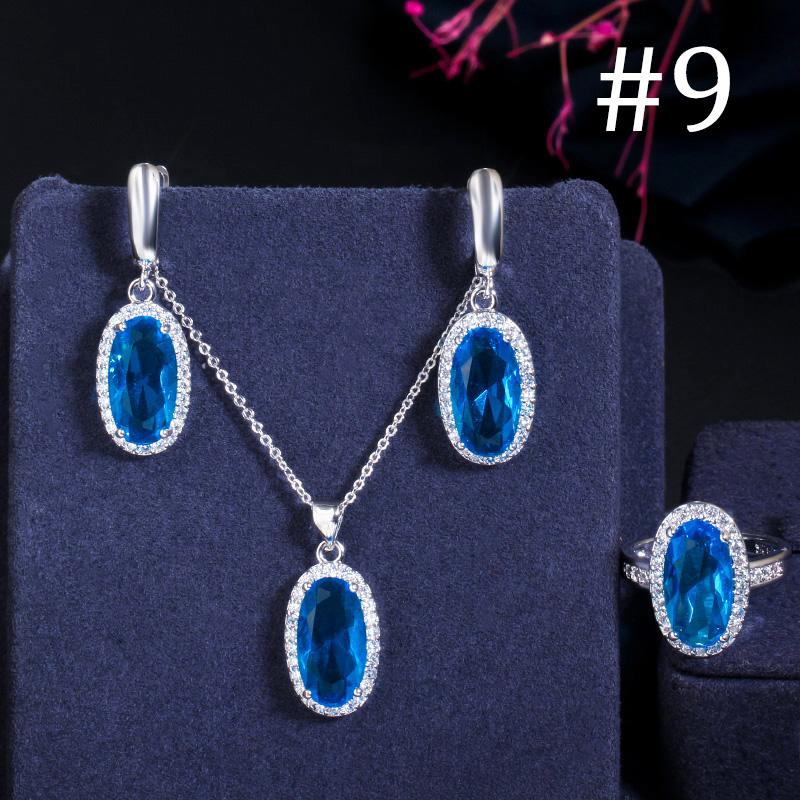 WWJ Super Sparkling Oval Shape Cubic Zirconia Engagement Ring Necklack Earrings Set