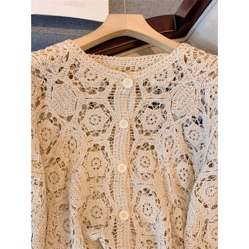 Autumn New European Plus Size Women Clothing Round Neck Single-Breasted Crochet Embroidered Hollow Long Sleeve Cover Up Vacation Sun Protection Shirt
