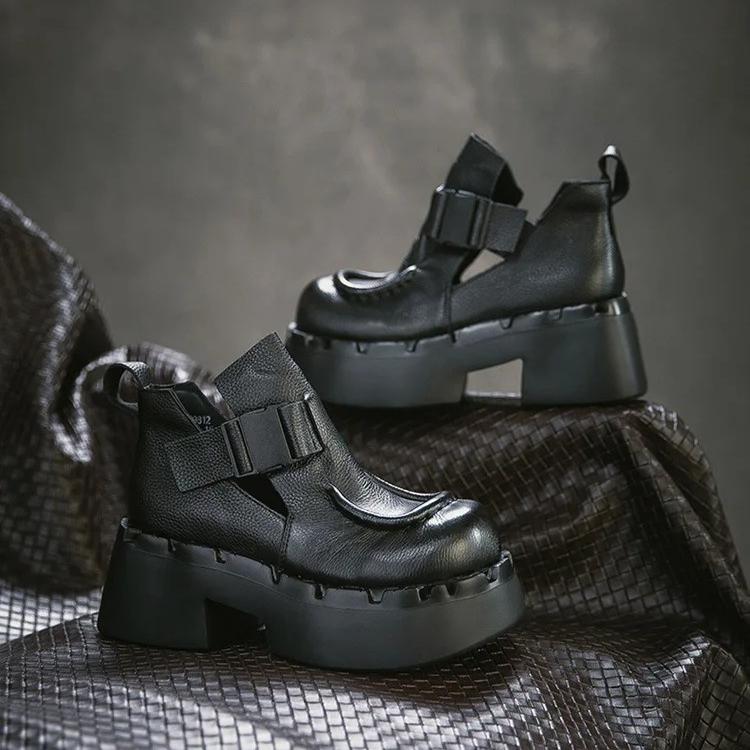 Johnature Commuter Retro Thick Soled High Heels Pumps Versatile Genuine Leather Women's Platform Shoes