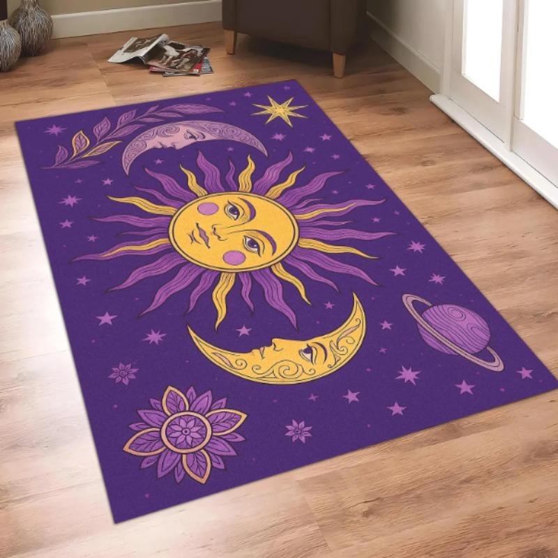 Lila Sonne und Mond Teppich Astrologie Fußmatte mit kosmischen Planeten Sternen und Bohemian Style Vibes für Eingänge oder Zimmer Bodenmatten
