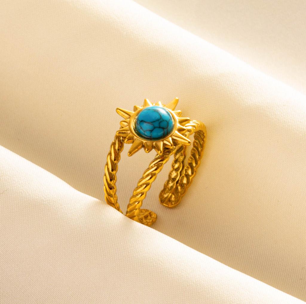 1pcs Blue Stone Ethnic Vintage Open Adjustable Sun Heart Star Stainless Steel Rings For Women Men Accessories Jewelry Bague Gift