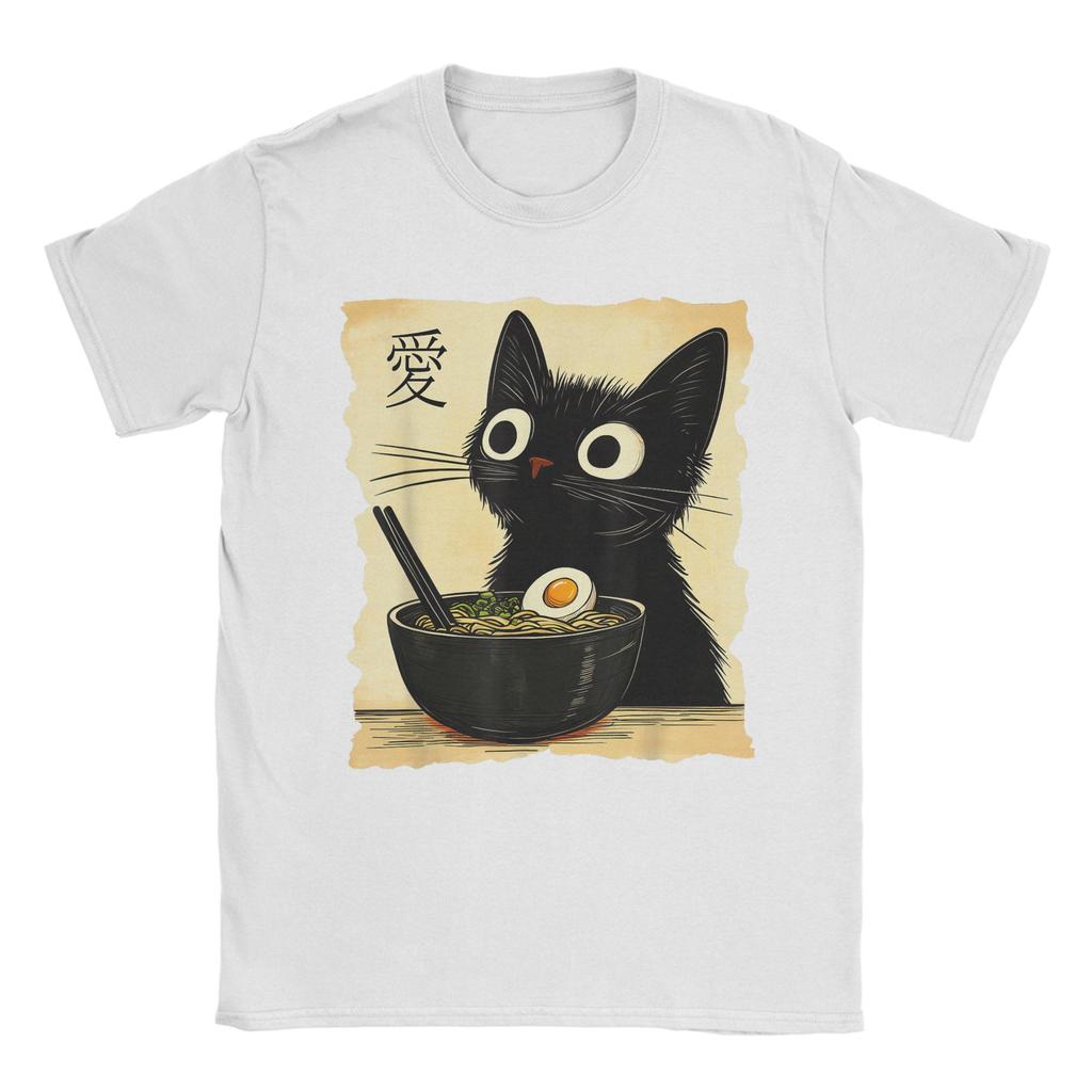 Men's Japanese Black Cat Ramen T Shirts Kawaii Noodle Cat Cotton Clothing Creative Short Sleeve Crew Neck Tees Summer T-Shirt