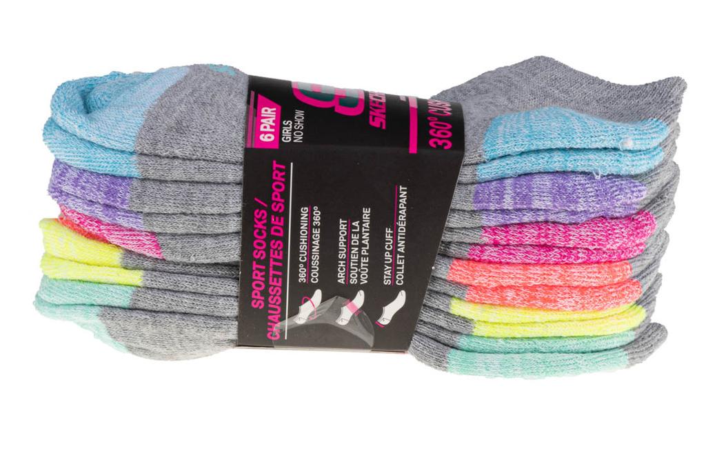 Skechers 6pk Girls Full Terry No Show, for Girl Grey Socks