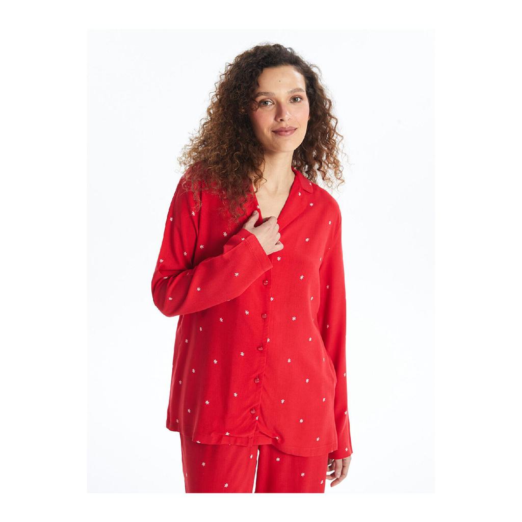 Eco Red Printed Shirt Collar New Year Themed Women's Pajama Set