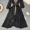 Sweet Style Women's Long-sleeve Embroidery Patchwork Single-breasted High Waist A-line Dress 2025 Autumn New Dresses SN3859