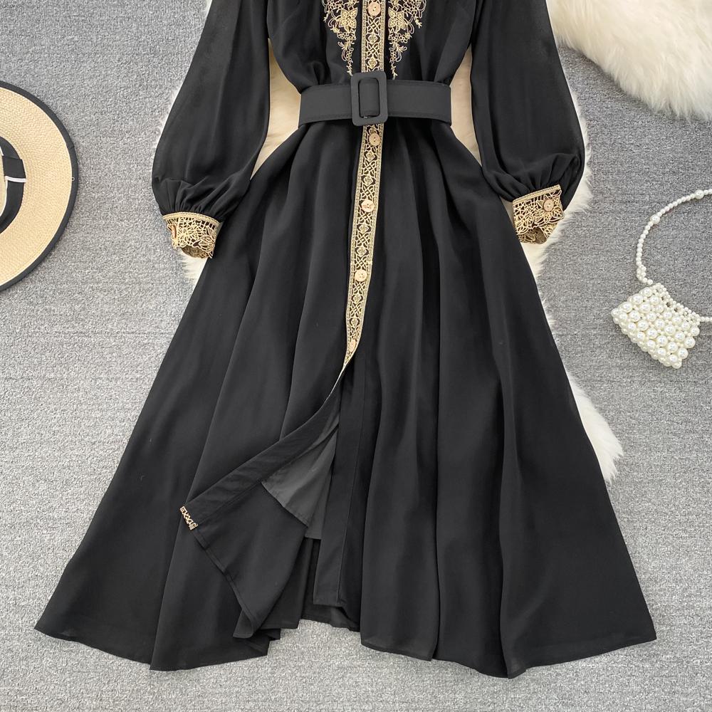 Sweet Style Women's Long-sleeve Embroidery Patchwork Single-breasted High Waist A-line Dress 2025 Autumn New Dresses SN3859