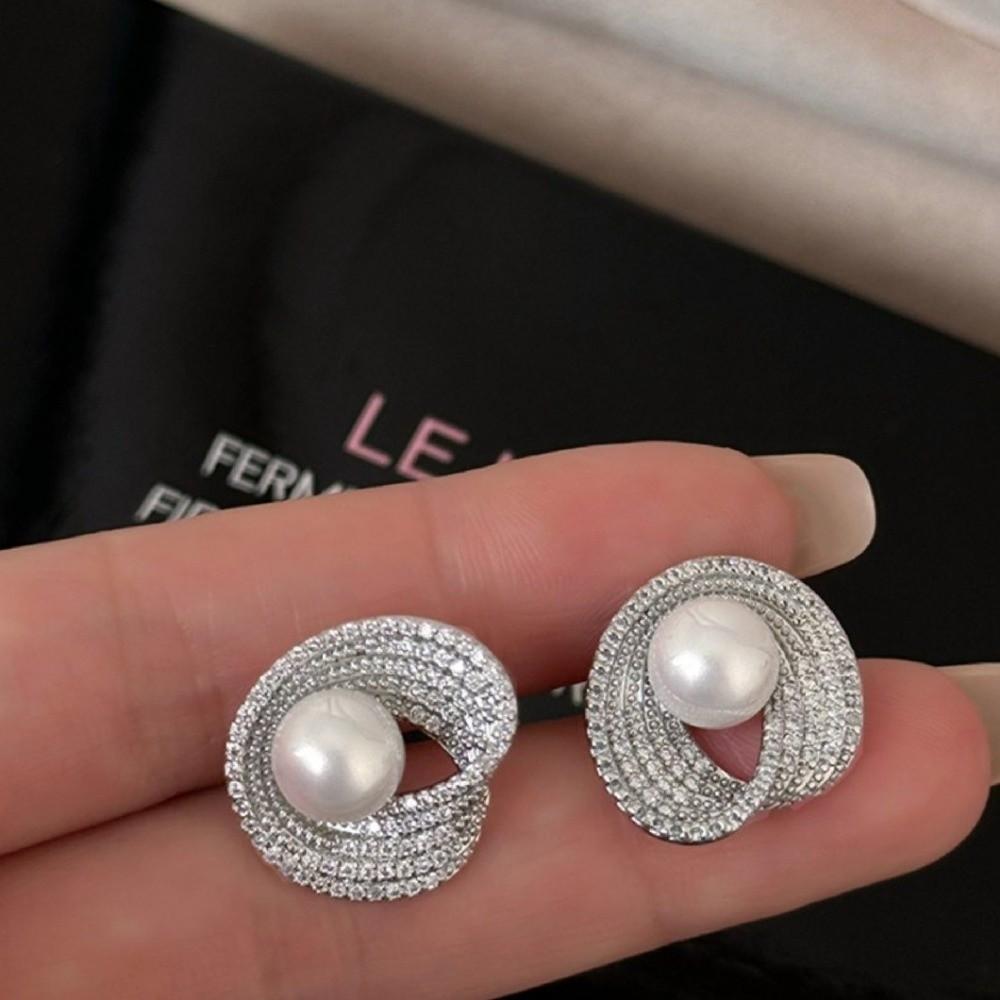 Light Luxury Pearl Stud Earrings Rhinestone Women Ear Jewelry Bright Pearl Ear Studs Girls