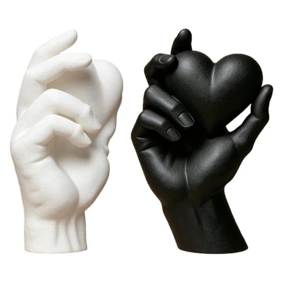 Handheld Heart Statue Hand Holding 3D Printed Figurine, Modern Minimalist Sculptural Desk Decor, Romantic Black White Home Decor Accent for