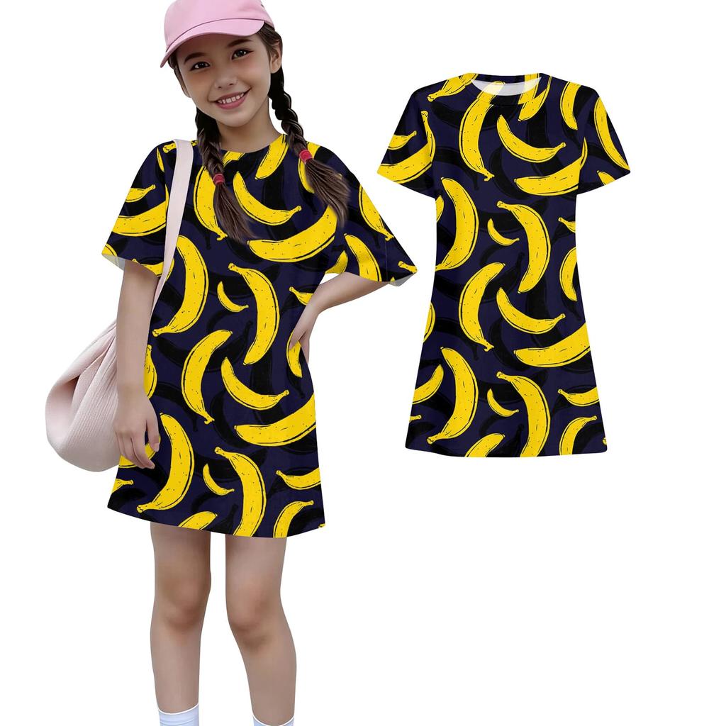 Girls Print Casual Dress Kids Loose Round Neck Short Sleeve Thin Sundress