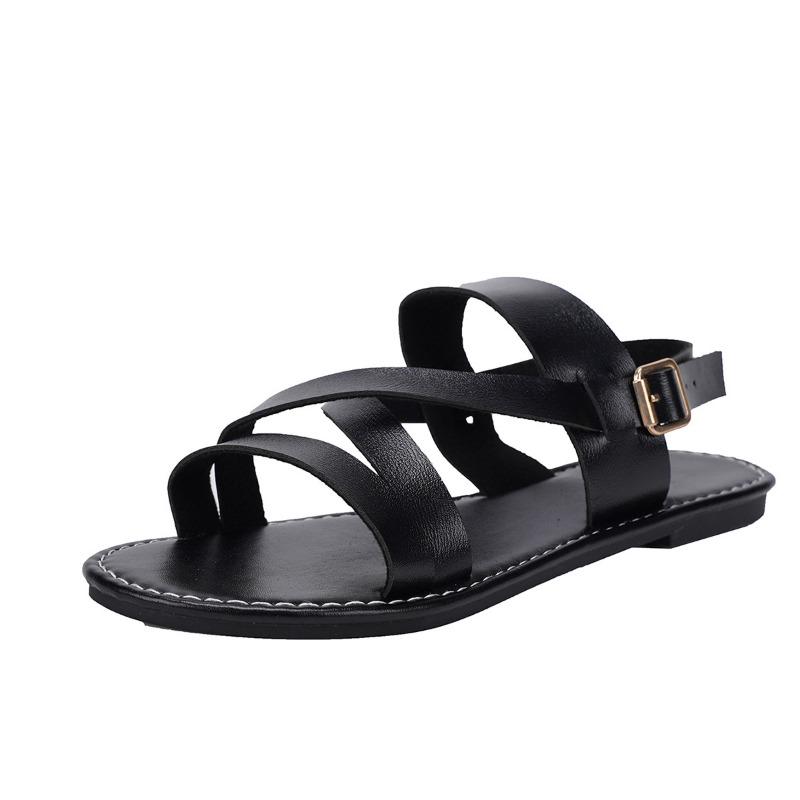 Flat-soled Sandals Women's Summer Round Head Open-toe One-word Buckle Fashion Large-size Women's Shoes