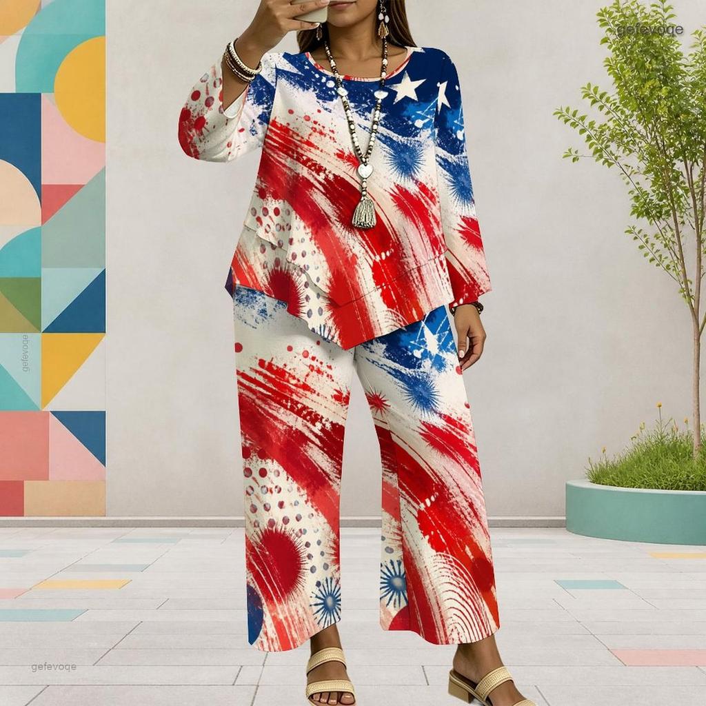 Women Plus Size Dark Navy Printed Two Piece Set Round Neck Long Sleeve Top Wide Leg Cropped Pants