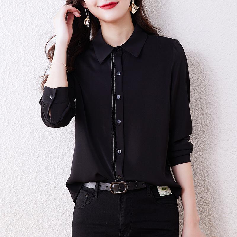Spring Autumn Black Silk Shirt Women's Long Sleeve Spring Autumn Fashion Satin Silk Top Blouses Shirts