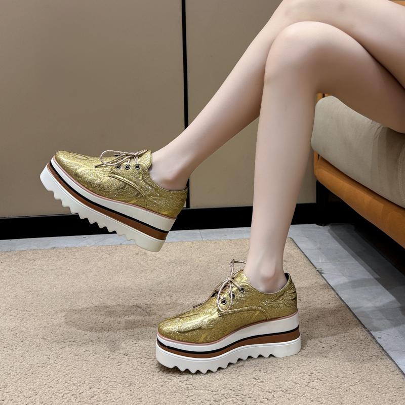 Platform Single Shoes Autumn New Round Toe Lace-Up Front Sequin Anti-Slide Heel Low-Top Women's Shoes