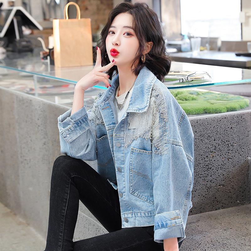 Women's Diamond-Studded Denim Jacket: Stylish, Loose Fit, Mesh-Spliced, Short Top for Early Spring 2022