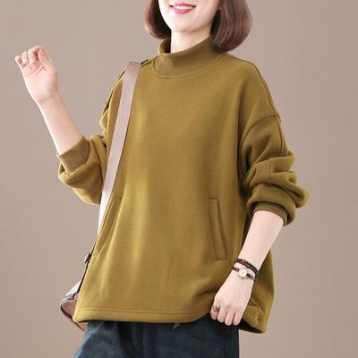 Women Solid Hoodies Sweatshirts Pullover Tops Button Turtleneck Autumn Winter Cotton Thick Loose Clothing