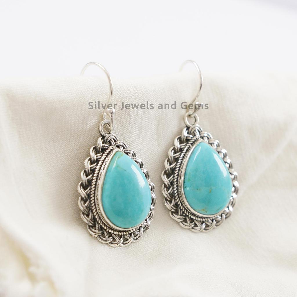 Natural Turquoise Earrings, Teardrop Arizona Turquoise Boho Earrings, 925 Sterling Silver Earrings, Wedding Earring