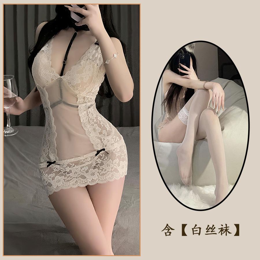 Sexy Underwear Pure Desire Perspective Mesh Lace Suspender Nightdress Sexy Inner Strap Deep V Nightdress