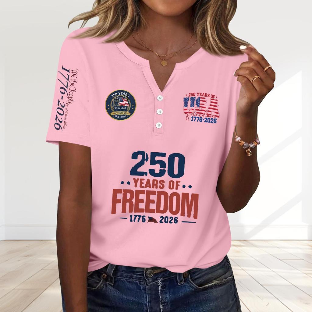 Women's Fashion Casual 250th Anniversary Independence Day Print V-Neck Short Sleeve Decorated Button-Up T-Shirt