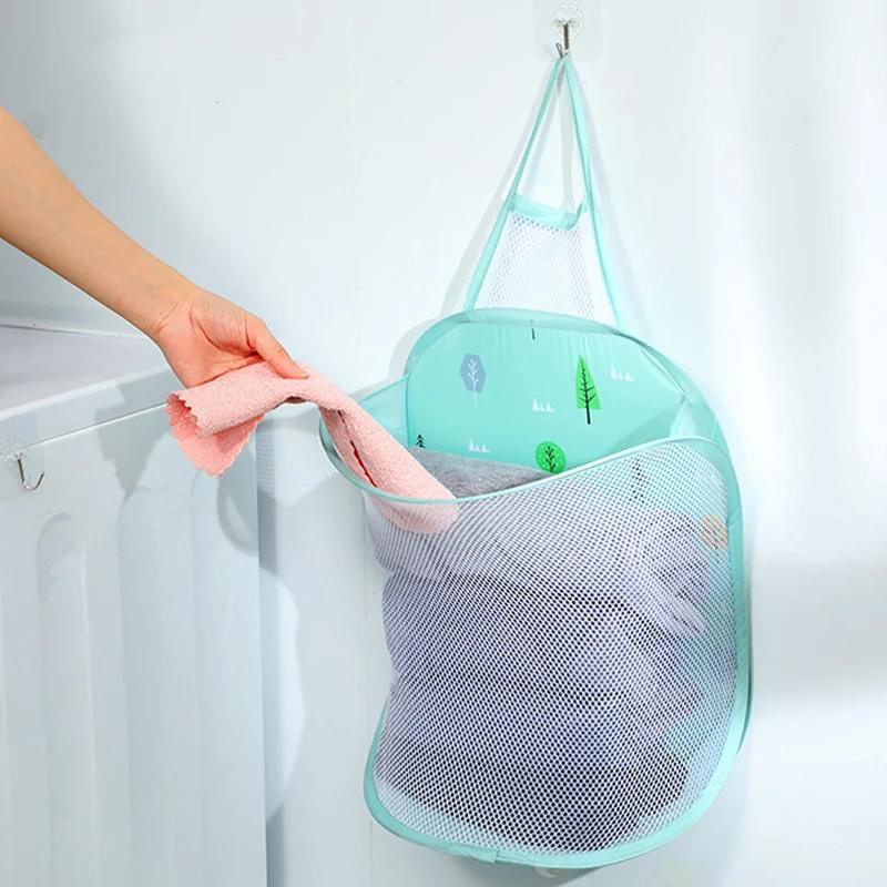 Hanging Foldable Mesh Laundry Hamper Large Capacity Dirty Clothes Storage Basket Bathroom Clothing Organizer With Hanging Rope