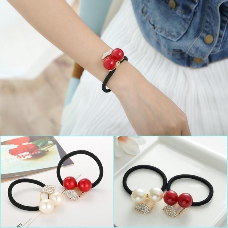 1Pc Women Girls Cherry Leaves Pearl Fashion Hair Rope Ladies Red and White Hair Accessories (Color Random)